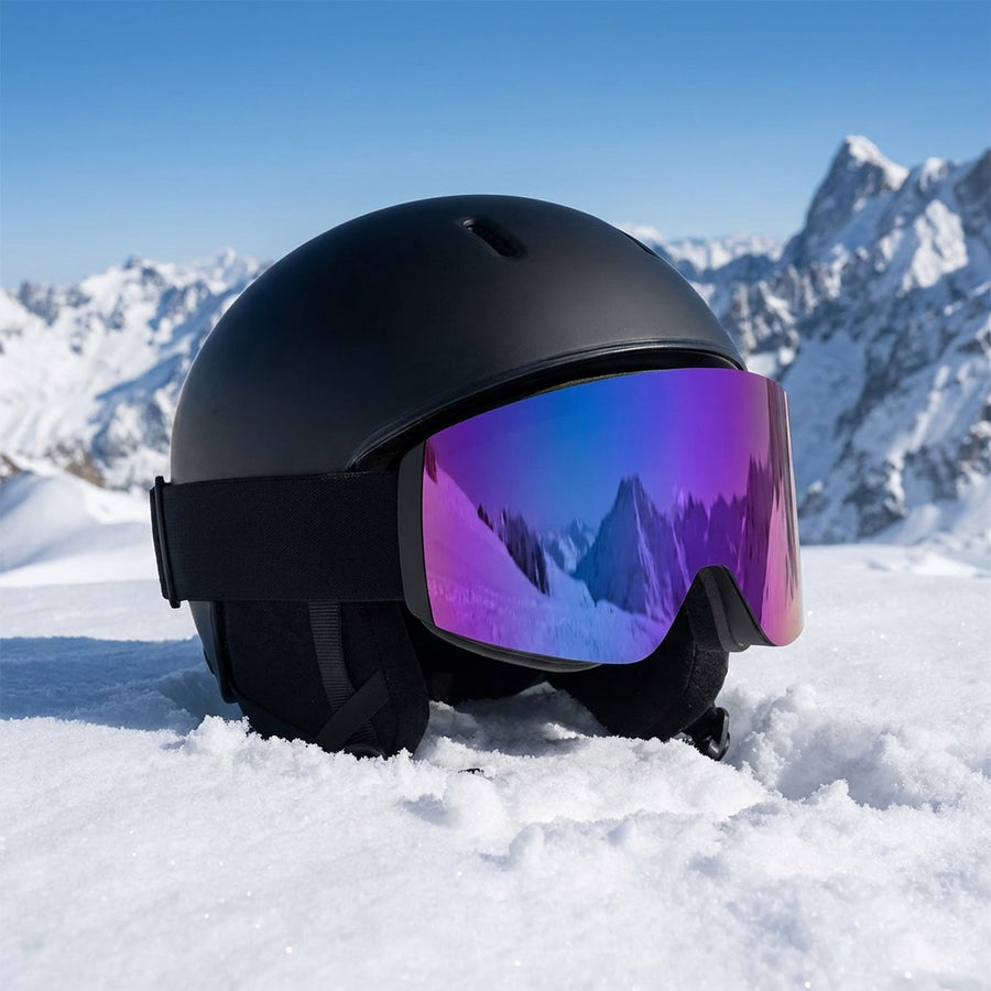 The ski goggles on a helmet in the snow