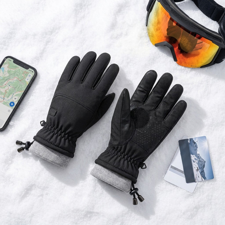 Handskar, mobil och skidglasögon i snön