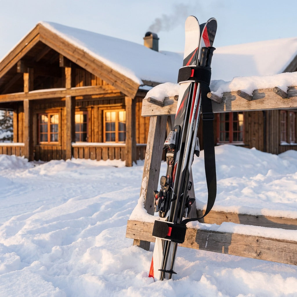Skidor med skidbärrem vid ett skidställ