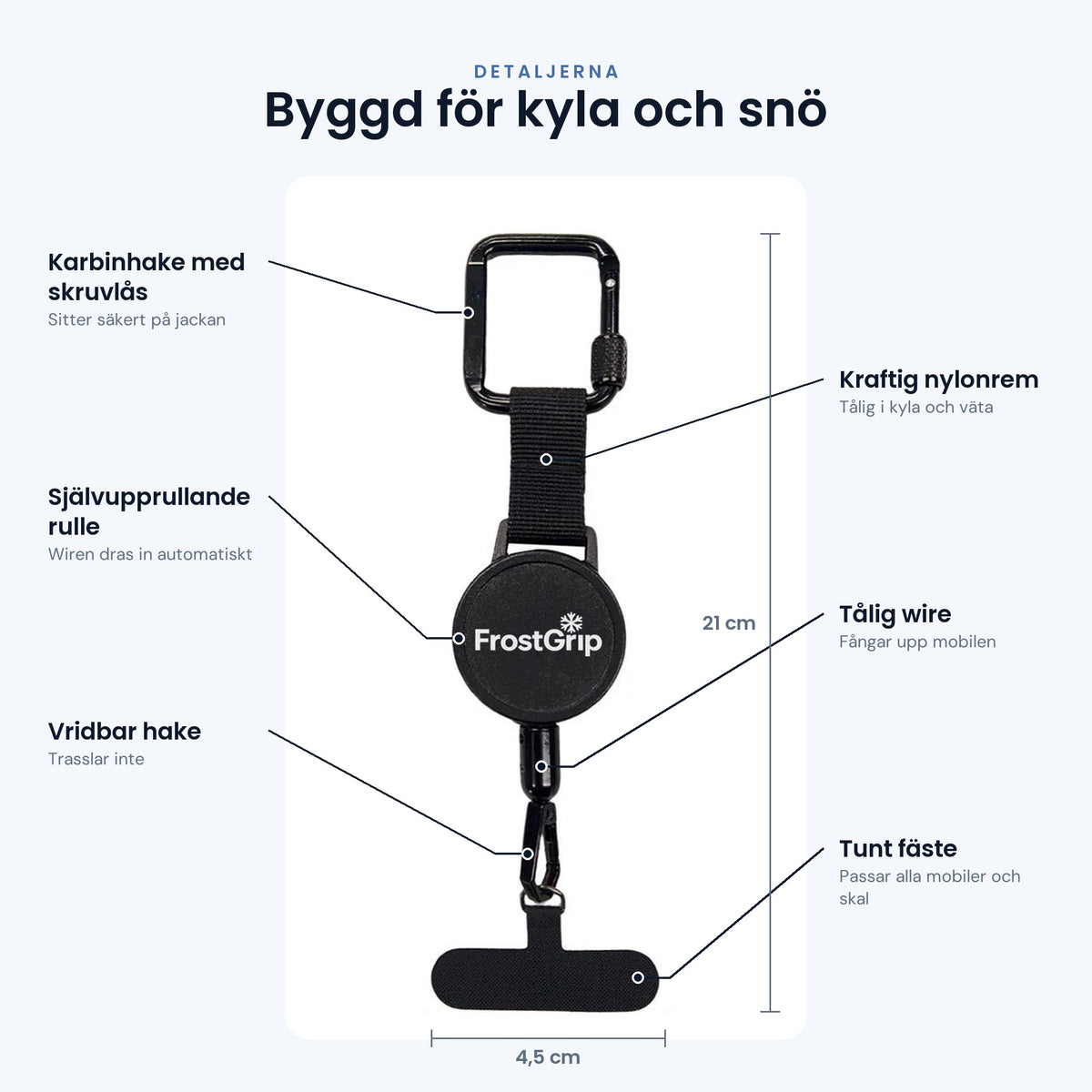 FrostGrip detaljer – karbinhake, nylonrem, självupprullande rulle, 21 cm