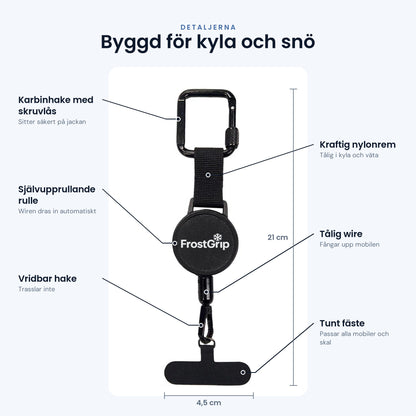 FrostGrip detaljer – karbinhake, nylonrem, självupprullande rulle, 21 cm