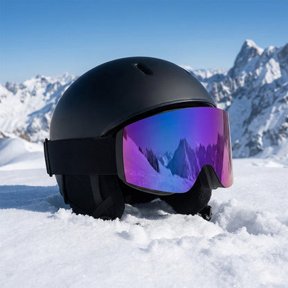 The ski goggles on a helmet in the snow