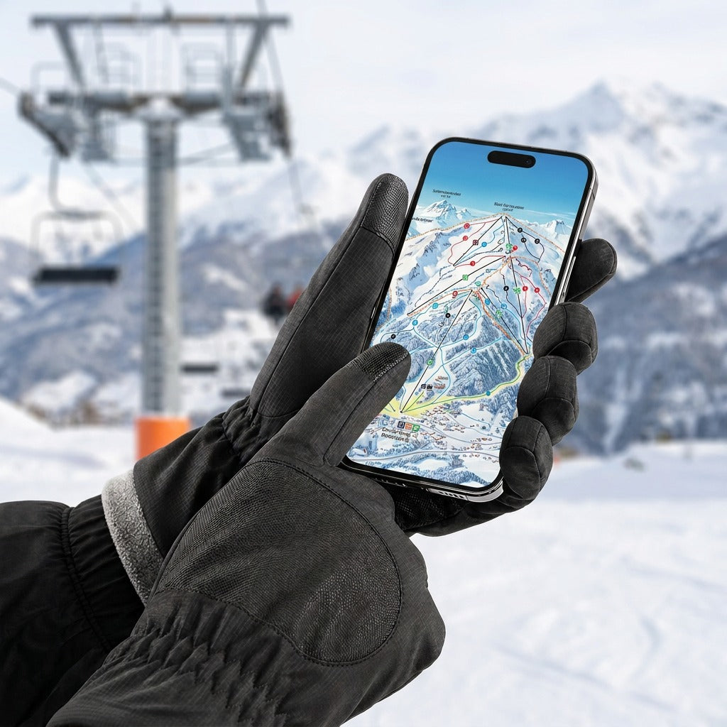 Handske som använder mobilens pekskärm vid liften