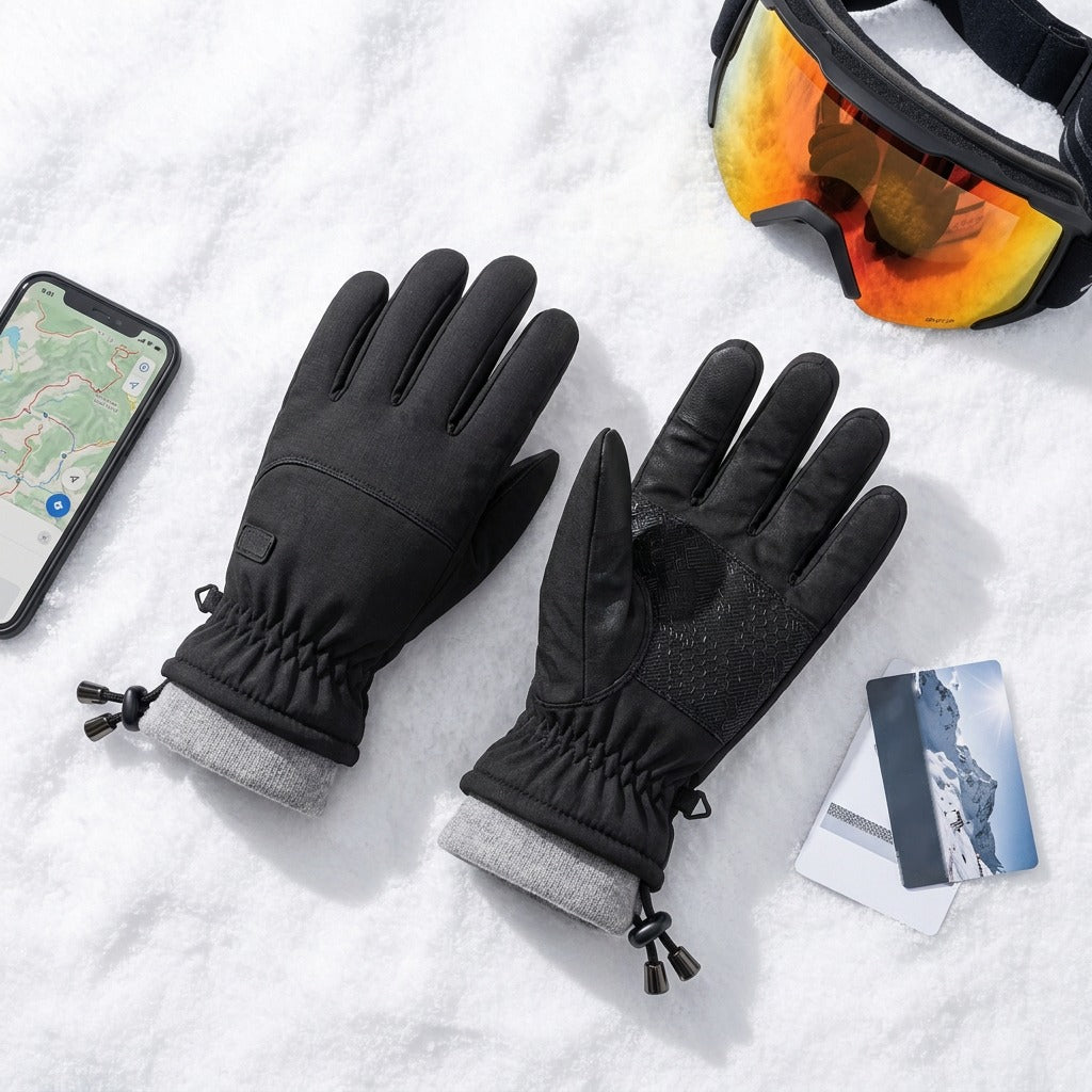 Handskar, mobil och skidglasögon i snön